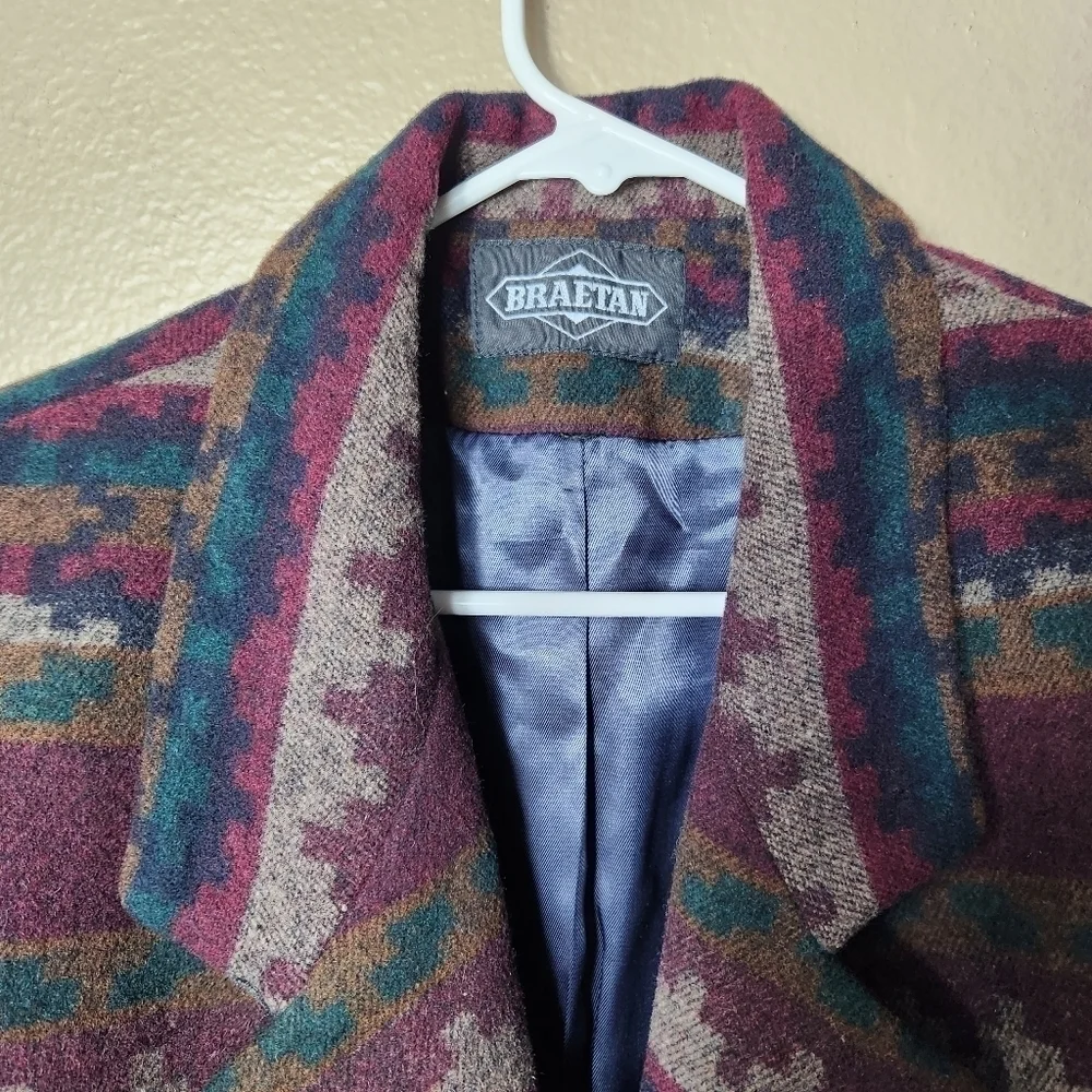 Vintage Braetan Womens Southwestern Aztec Wool Blend One Button Blazer-Size L
